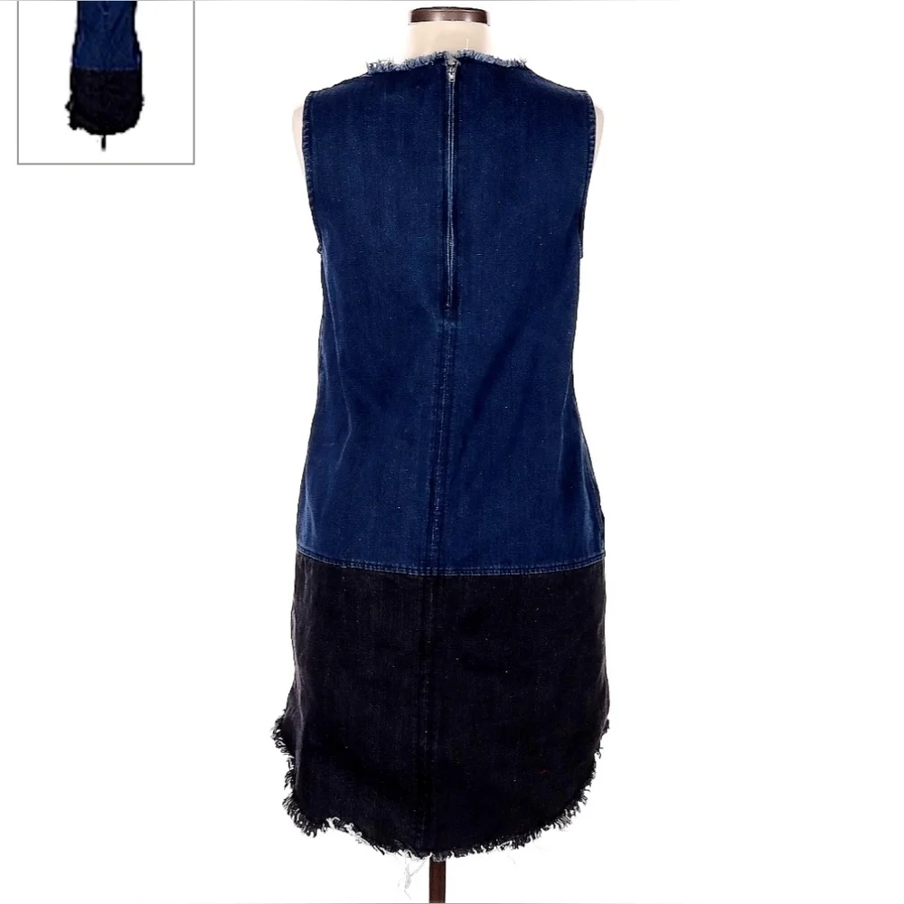 Colorblock Blue Black Denim Jean Dress Women's Large L Raw Frayed Hem Sleeveless - Picture 2 of 8